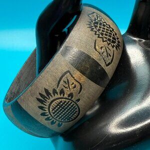 Vintage Chunky Wood Bangle Bracelet with Etched Sunflower Design